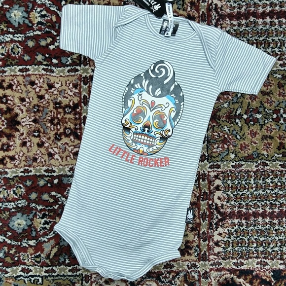 “Little Rocker" Sugar Skull Striped Cotton Bodysuit - Picture 2 of 5